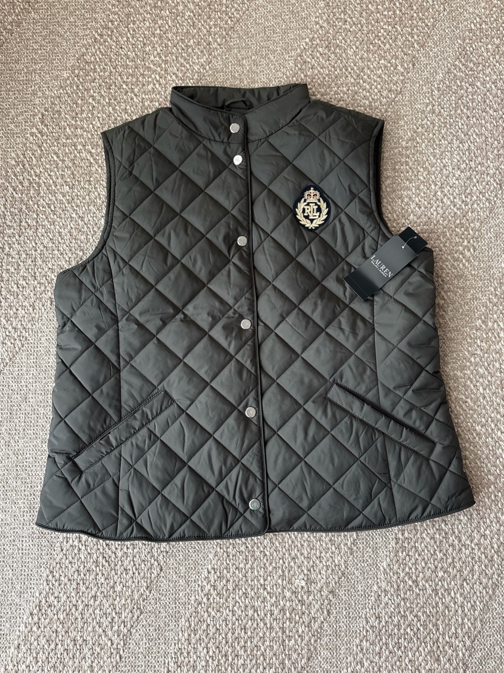 NWT Lauren Ralph Lauren Quilted Vest Loden Green Embroidered Crest Retail $160 L